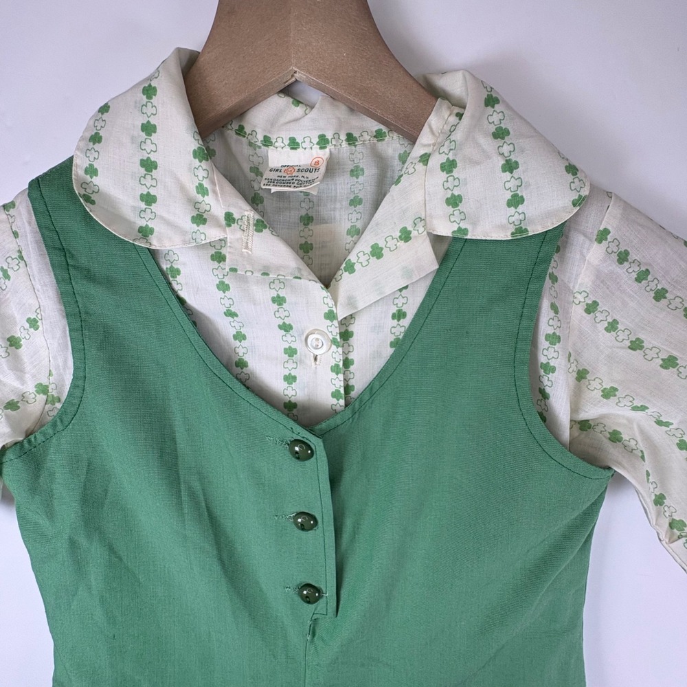 Vintage Girl Scout 2 Piece Set Button Down Shirt Dress Green Size‎ 7/8